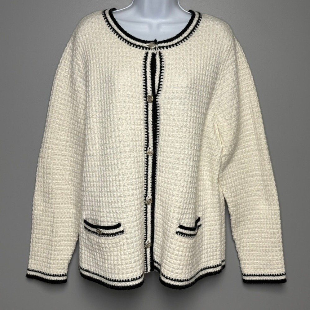 J. Jill Textured Nautical White Navy Button Up Heavy Cozy Preppy Sweater Sz L